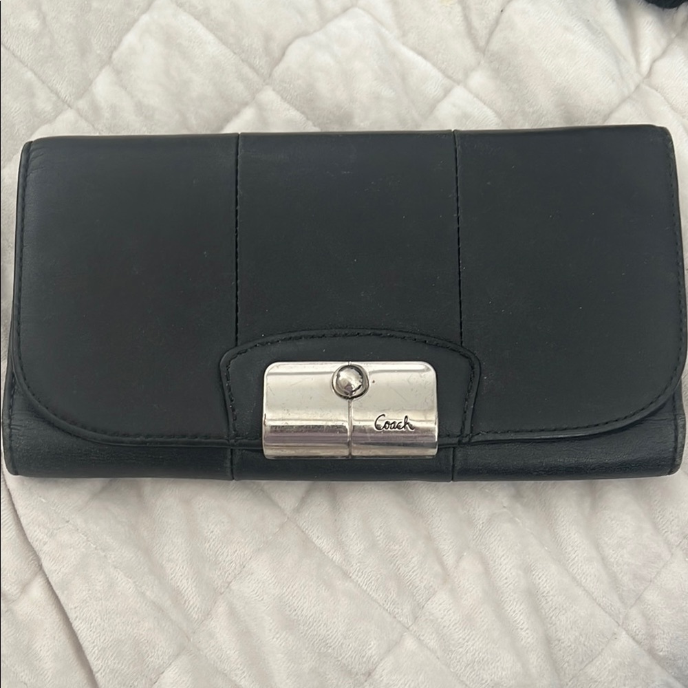 Coach Black Wallet with Silver Clasp and Textured Finish
